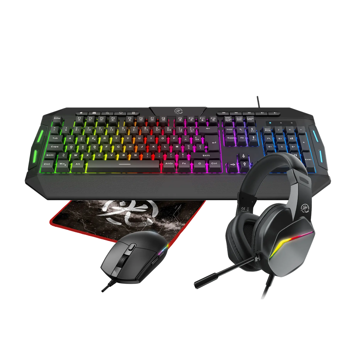 Pack RGB 4en1 pour PC : Clavier + Souris + Tapis de souris + Casque